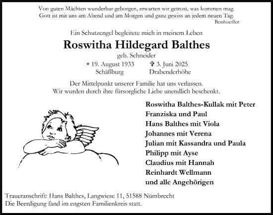 Anzeige von Roswitha Hildegard Balthes von  Anzeigen Echo 