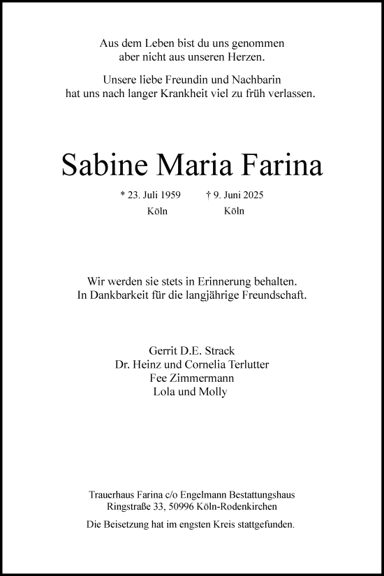 Anzeige von Sabine Maria Farina von Kölner Stadt-Anzeiger / Kölnische Rundschau / Express