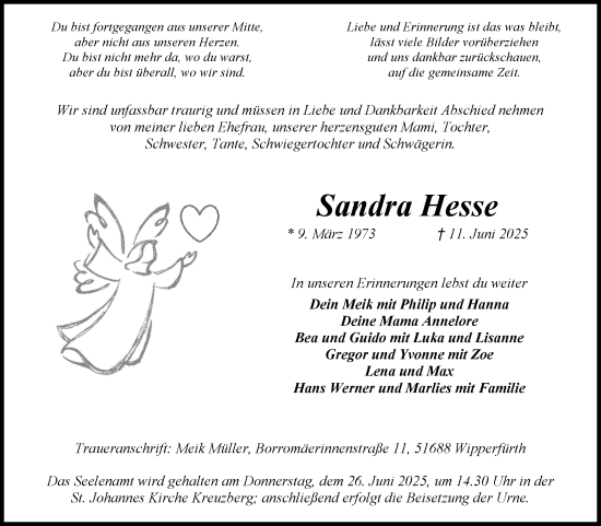 Anzeige von Sandra Hesse von Kölner Stadt-Anzeiger / Kölnische Rundschau / Express