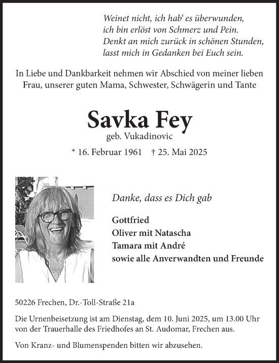 Anzeige von Savka Fey von  Wochenende 
