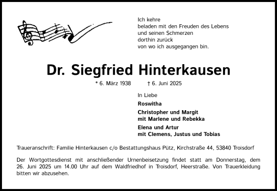 Anzeige von Siegfried Hinterkausen von Kölner Stadt-Anzeiger / Kölnische Rundschau / Express