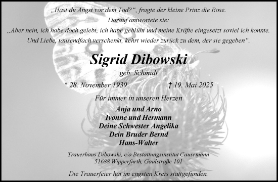 Anzeige von Sigrid Dibowski von Kölner Stadt-Anzeiger / Kölnische Rundschau / Express