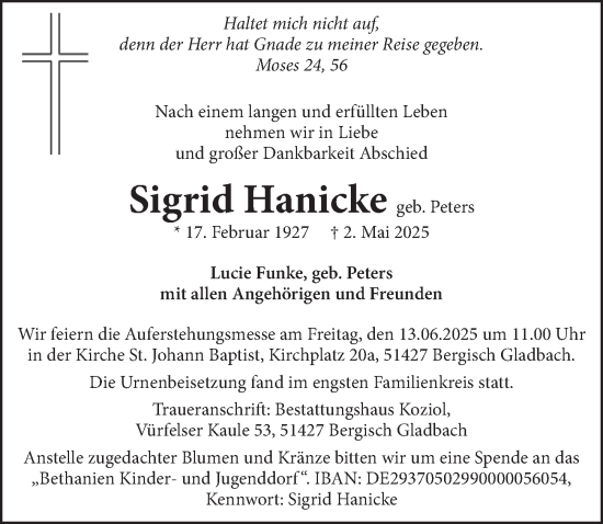 Anzeige von Sigrid Hanicke von  Bergisches Handelsblatt 