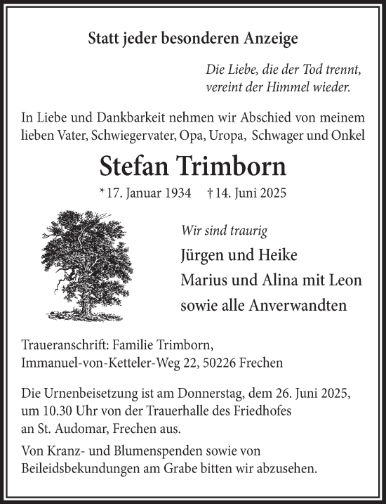 Anzeige von Stefan Trimborn von  Wochenende 