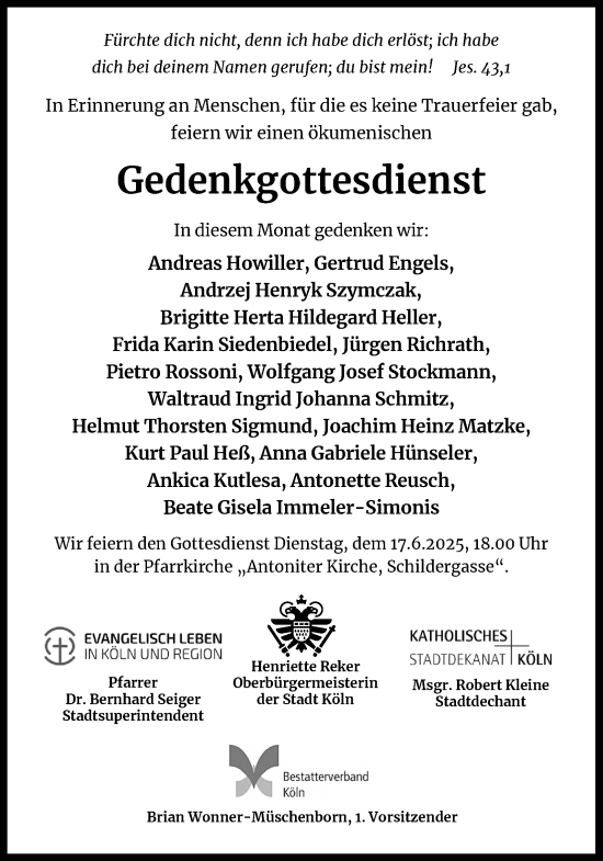 Anzeige von Sterbetafel vom 14.06.2025 von Kölner Stadt-Anzeiger / Kölnische Rundschau / Express
