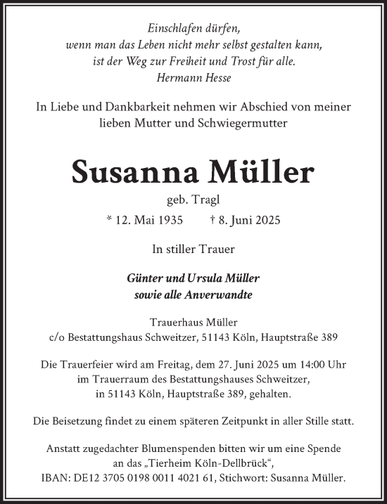 Anzeige von Susanna Müller von  EXPRESS - Die Woche 
