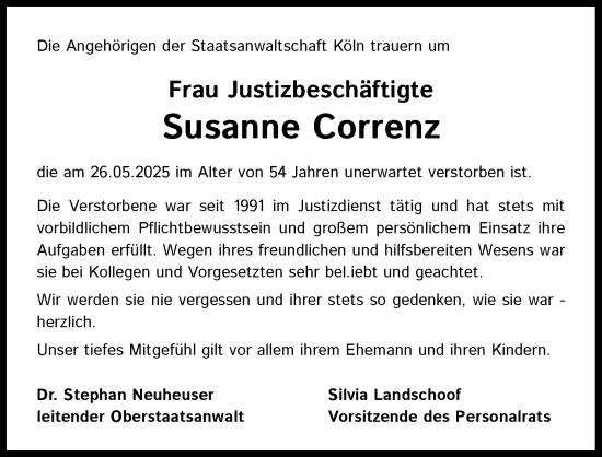 Anzeige von Susanne Correnz von Kölner Stadt-Anzeiger / Kölnische Rundschau / Express