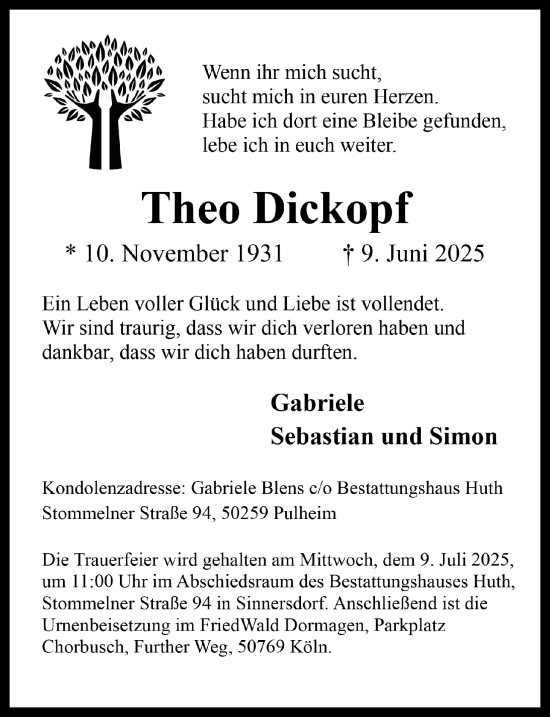 Anzeige von Theo Dickopf von  Wochenende 