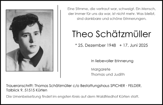 Anzeige von Theo Schatzmüller von  Bergisches Handelsblatt 
