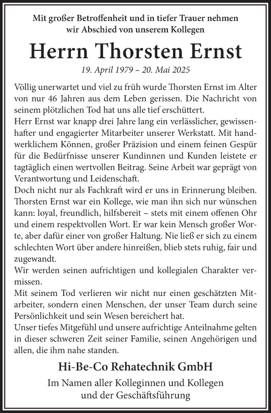 Anzeige von Thorsten Ernst von  Schlossbote/Werbekurier 
