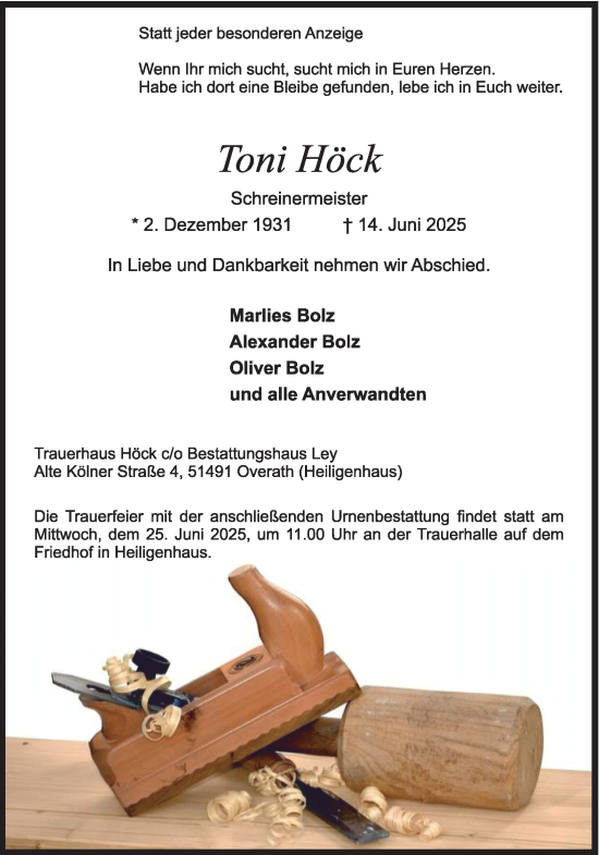 Anzeige von Toni Höck von Kölner Stadt-Anzeiger / Kölnische Rundschau / Express