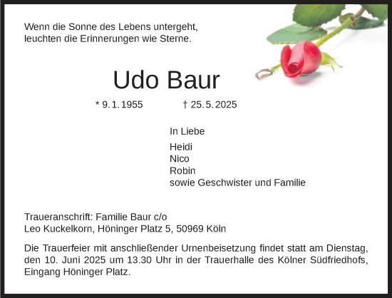 Anzeige von Udo Baur von Kölner Stadt-Anzeiger / Kölnische Rundschau / Express