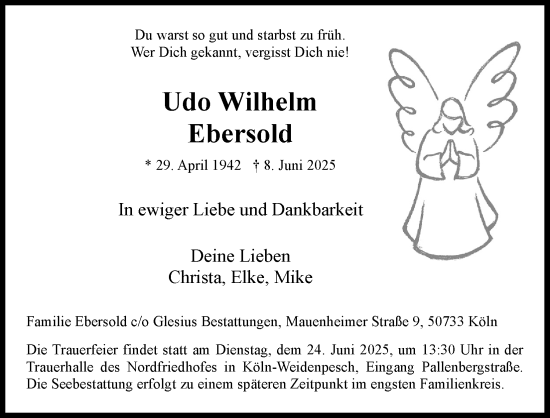 Anzeige von Udo Wilhelm Ebersold von Kölner Stadt-Anzeiger / Kölnische Rundschau / Express