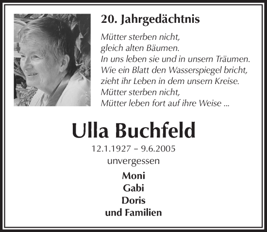 Anzeige von Ulla Buchfeld von  Anzeigen Echo 