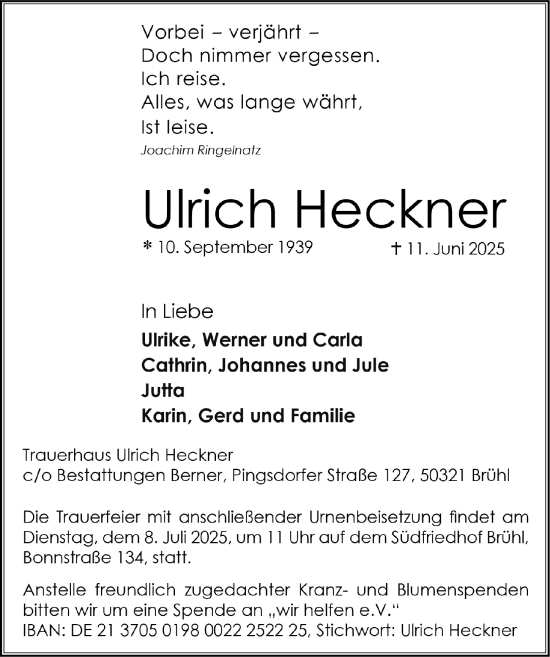 Anzeige von Ulrich Heckner von  Schlossbote/Werbekurier 