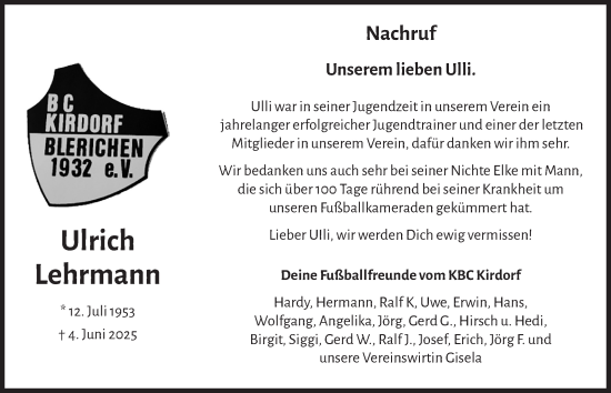 Anzeige von Ulrich Lehrmann von  Werbepost 