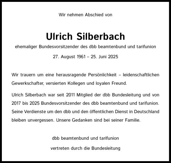 Anzeige von Ulrich Silberbach von Kölner Stadt-Anzeiger / Kölnische Rundschau / Express