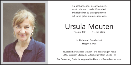 Anzeige von Ursula Meuten von Kölner Stadt-Anzeiger / Kölnische Rundschau / Express
