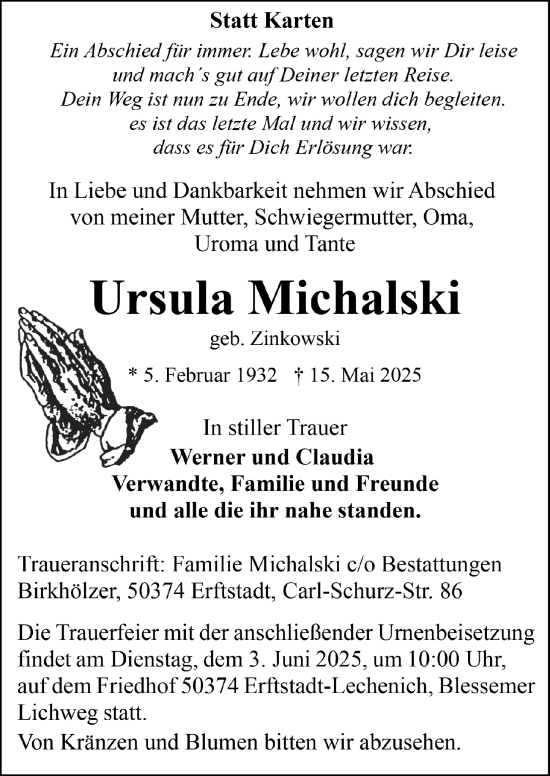 Anzeige von Ursula Michalski von  Werbepost 