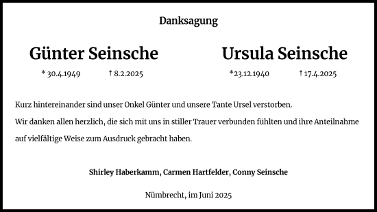 Anzeige von Ursula Seinsche von Kölner Stadt-Anzeiger / Kölnische Rundschau / Express