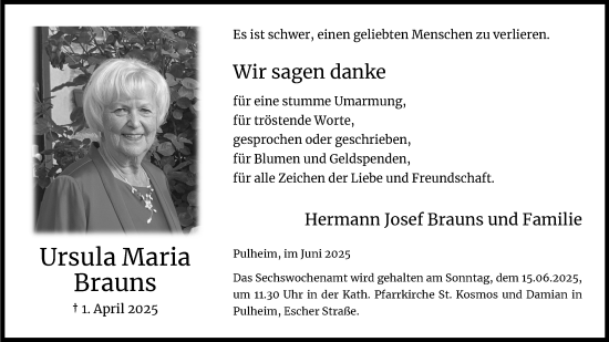 Anzeige von Ursula Maria Brauns von Kölner Stadt-Anzeiger / Kölnische Rundschau / Express