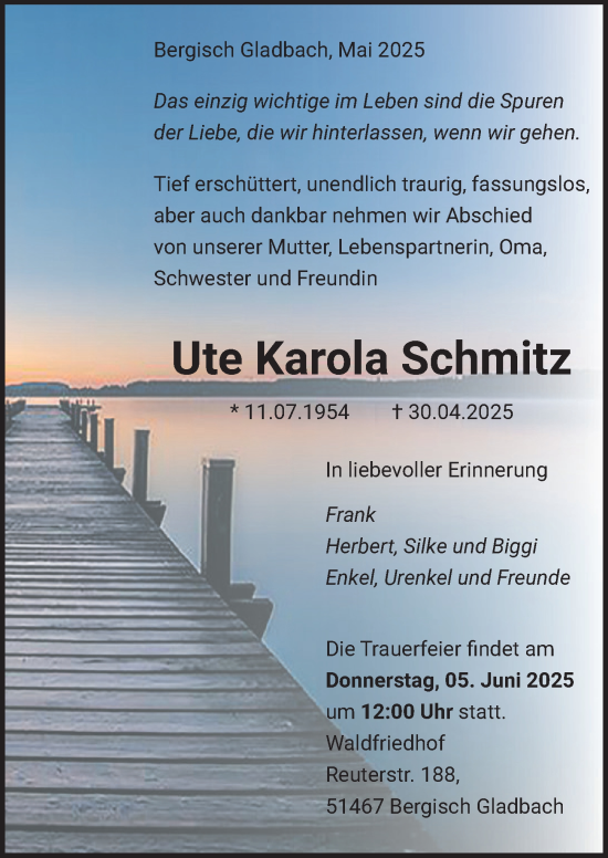 Anzeige von Ute Karola Schmitz von  Bergisches Handelsblatt 