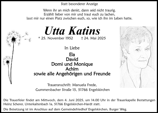Anzeige von Utta Katins von  Anzeigen Echo 