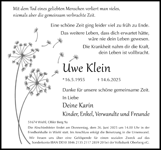 Anzeige von Uwe Klein von  Anzeigen Echo  Lokalanzeiger 