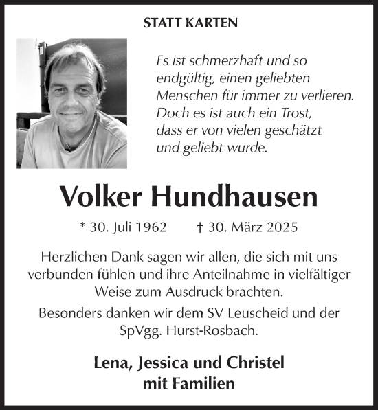Anzeige von Volker Hundhausen von  Lokalanzeiger 