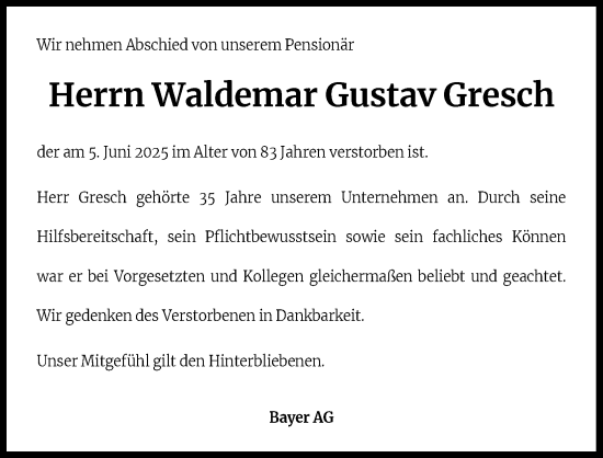 Anzeige von Waldemar Gustav Gresch von Kölner Stadt-Anzeiger / Kölnische Rundschau / Express