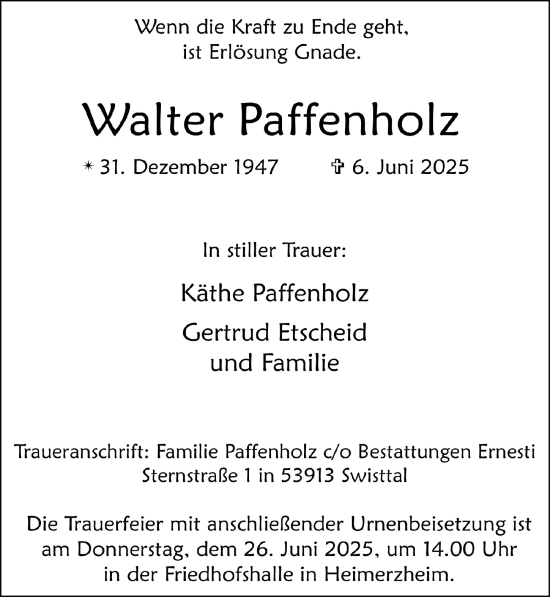 Anzeige von Walter Paffenholz von  Schaufenster/Blickpunkt 