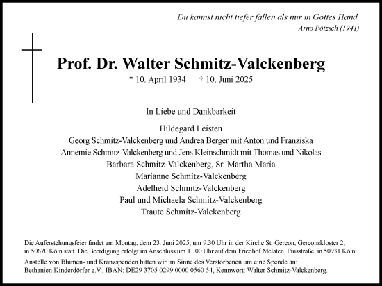 Anzeige von Walter Schmitz-Valckenberg von Kölner Stadt-Anzeiger / Kölnische Rundschau / Express
