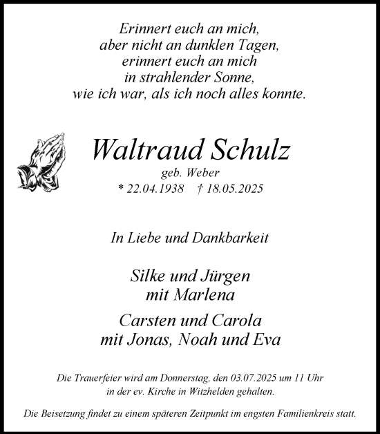 Anzeige von Waltraud Schulz von Kölner Stadt-Anzeiger / Kölnische Rundschau / Express