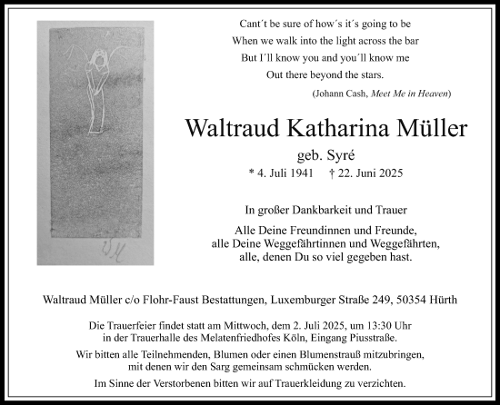 Anzeige von Waltraud Katharina Müller von Kölner Stadt-Anzeiger / Kölnische Rundschau / Express