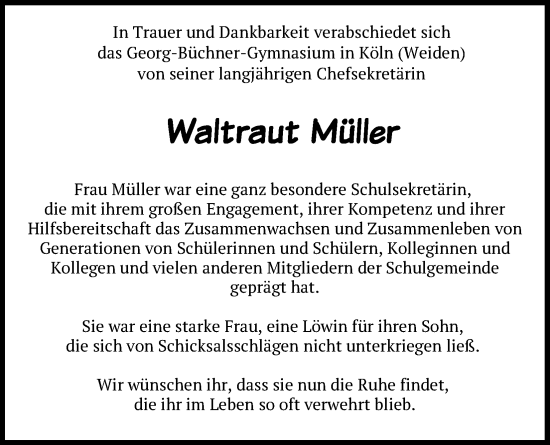 Anzeige von Waltraut Müller von Kölner Stadt-Anzeiger / Kölnische Rundschau / Express