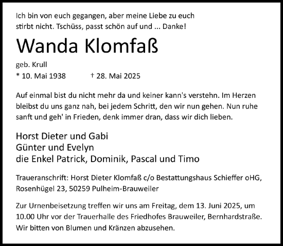 Anzeige von Wanda Klomfaß von  Wochenende 