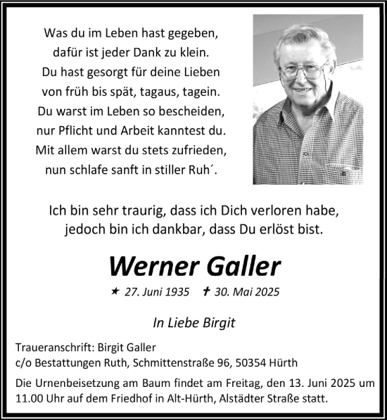 Anzeige von Werner Galler von  Wochenende 