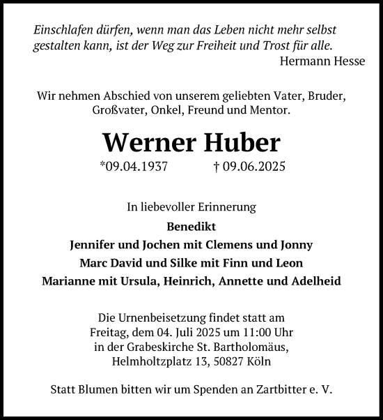 Anzeige von Werner Huber von Kölner Stadt-Anzeiger / Kölnische Rundschau / Express