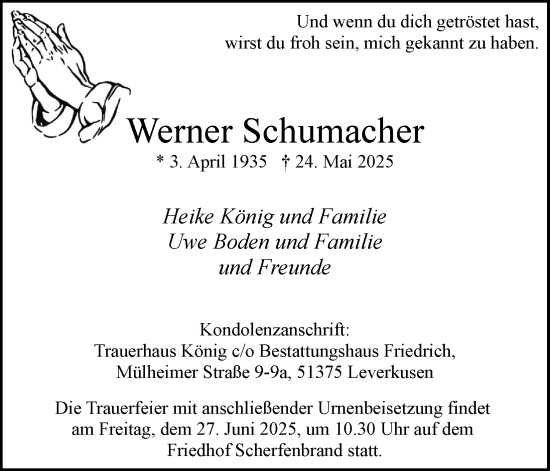 Anzeige von Werner Schumacher von Kölner Stadt-Anzeiger / Kölnische Rundschau / Express