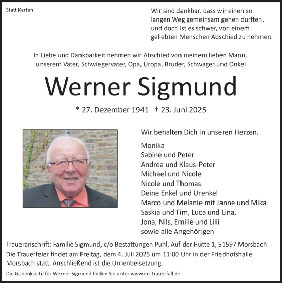 Anzeige von Werner Sigmund von  Lokalanzeiger 