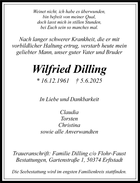 Anzeige von Wilfried Dilling von  Wochenende  Werbepost 