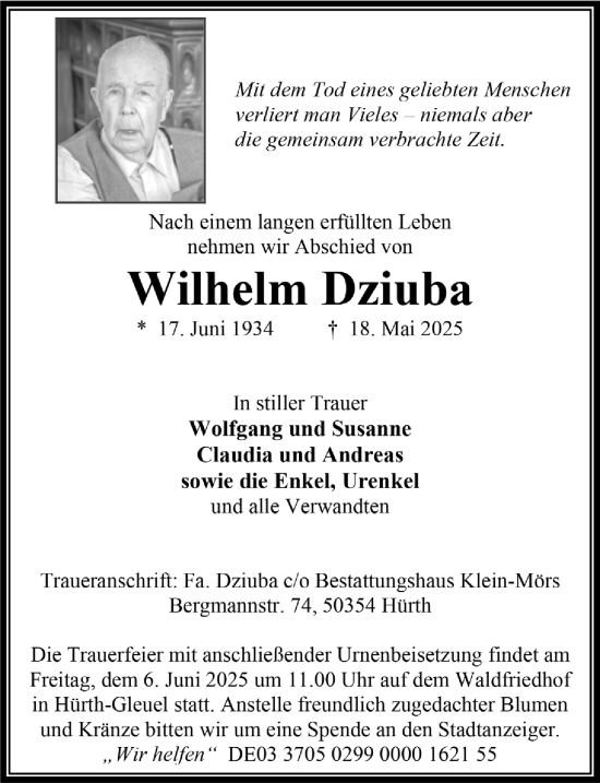 Anzeige von Wilhelm Dziuba von  Wochenende 
