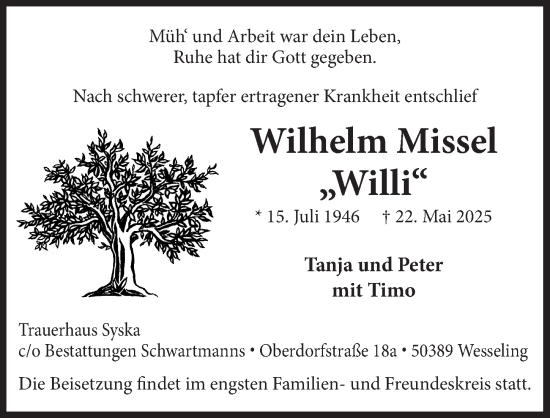 Anzeige von Wilhelm Missel von  Schlossbote/Werbekurier 