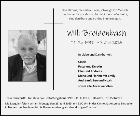 Anzeige von Willi Breidenbach von  Bergisches Handelsblatt 