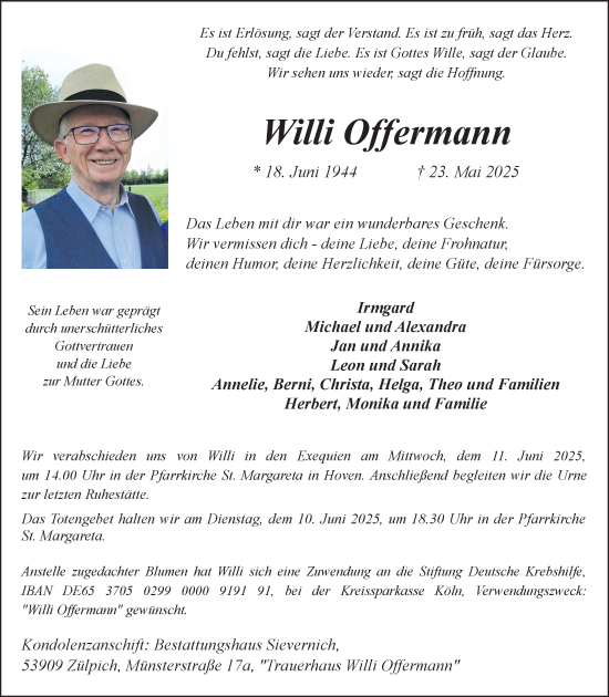 Anzeige von Willi Offermann von  Blickpunkt Euskirchen 