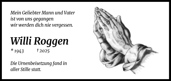 Anzeige von Willi Roggen von Kölner Stadt-Anzeiger / Kölnische Rundschau / Express