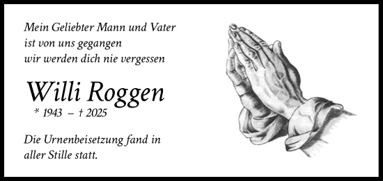 Anzeige von Willi Roggen von Kölner Stadt-Anzeiger / Kölnische Rundschau / Express