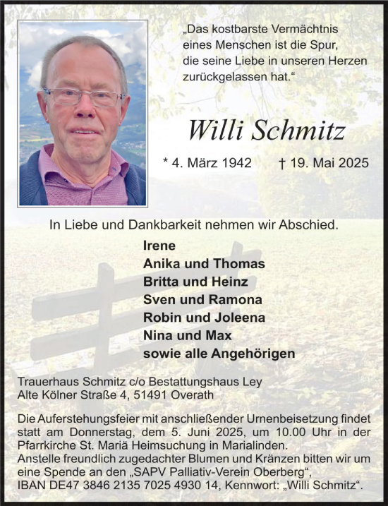 Anzeige von Willi Schmitz von  Bergisches Handelsblatt 
