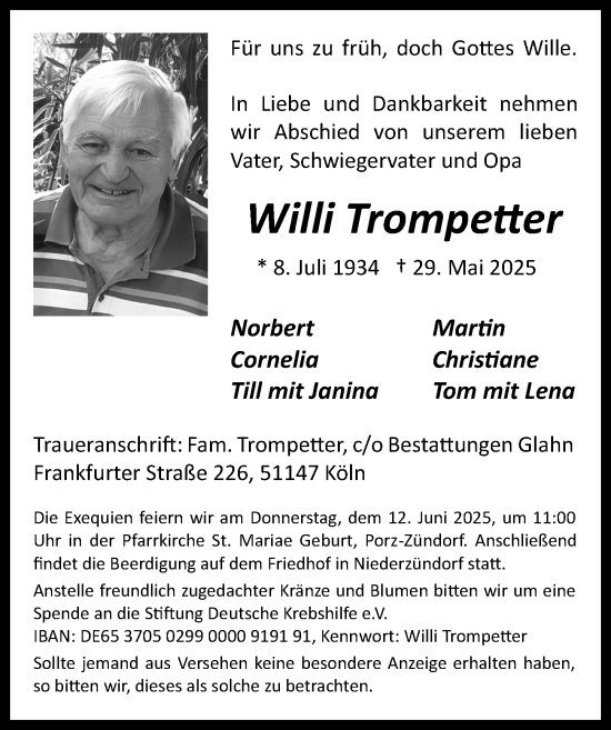 Anzeige von Willi Trompetter von  EXPRESS - Die Woche 