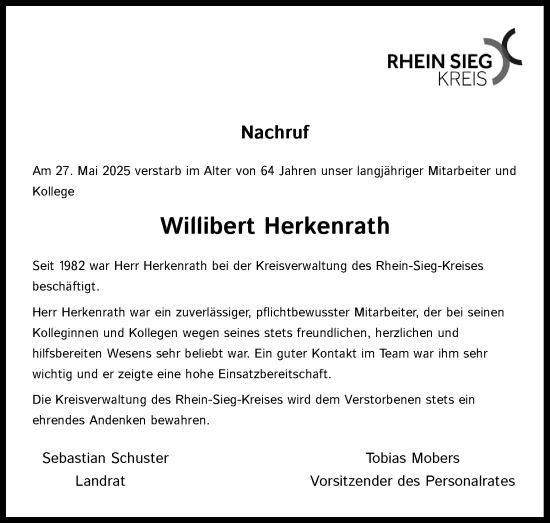 Anzeige von Willibert Herkenrath von Kölner Stadt-Anzeiger / Kölnische Rundschau / Express